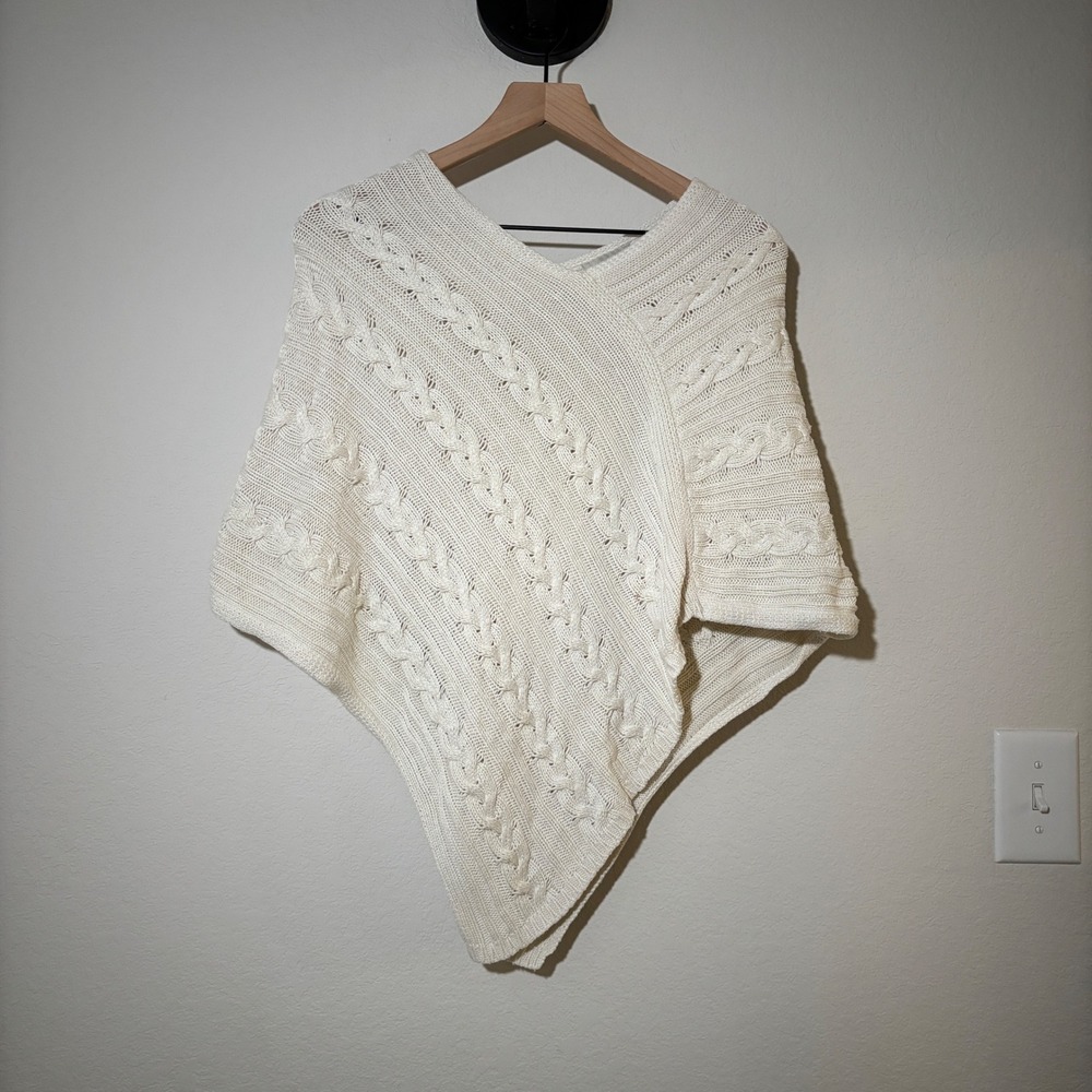 Loft Poncho Sweater Cable Knit One Size Cotton Blend Cream Coastal Preppy